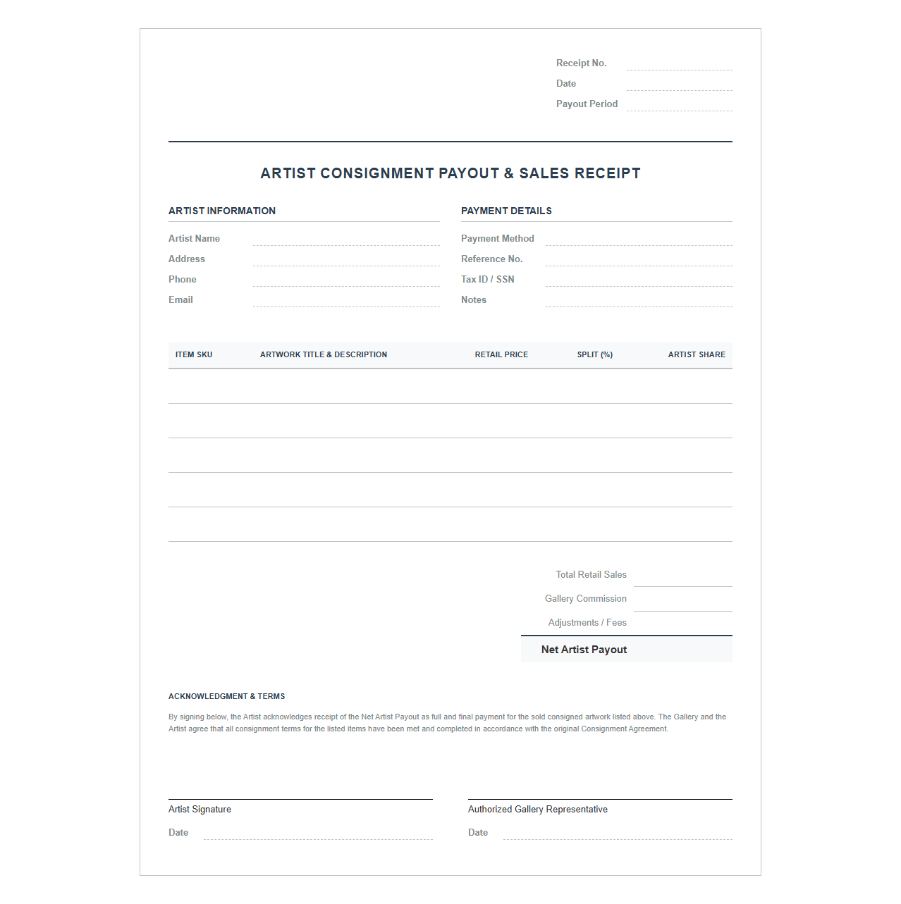 Artist Consignment Payout and Sales Receipt