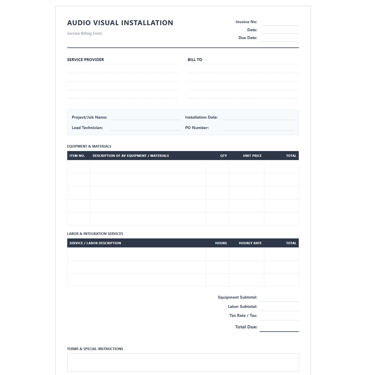 Audio Visual Installation Service Billing Form