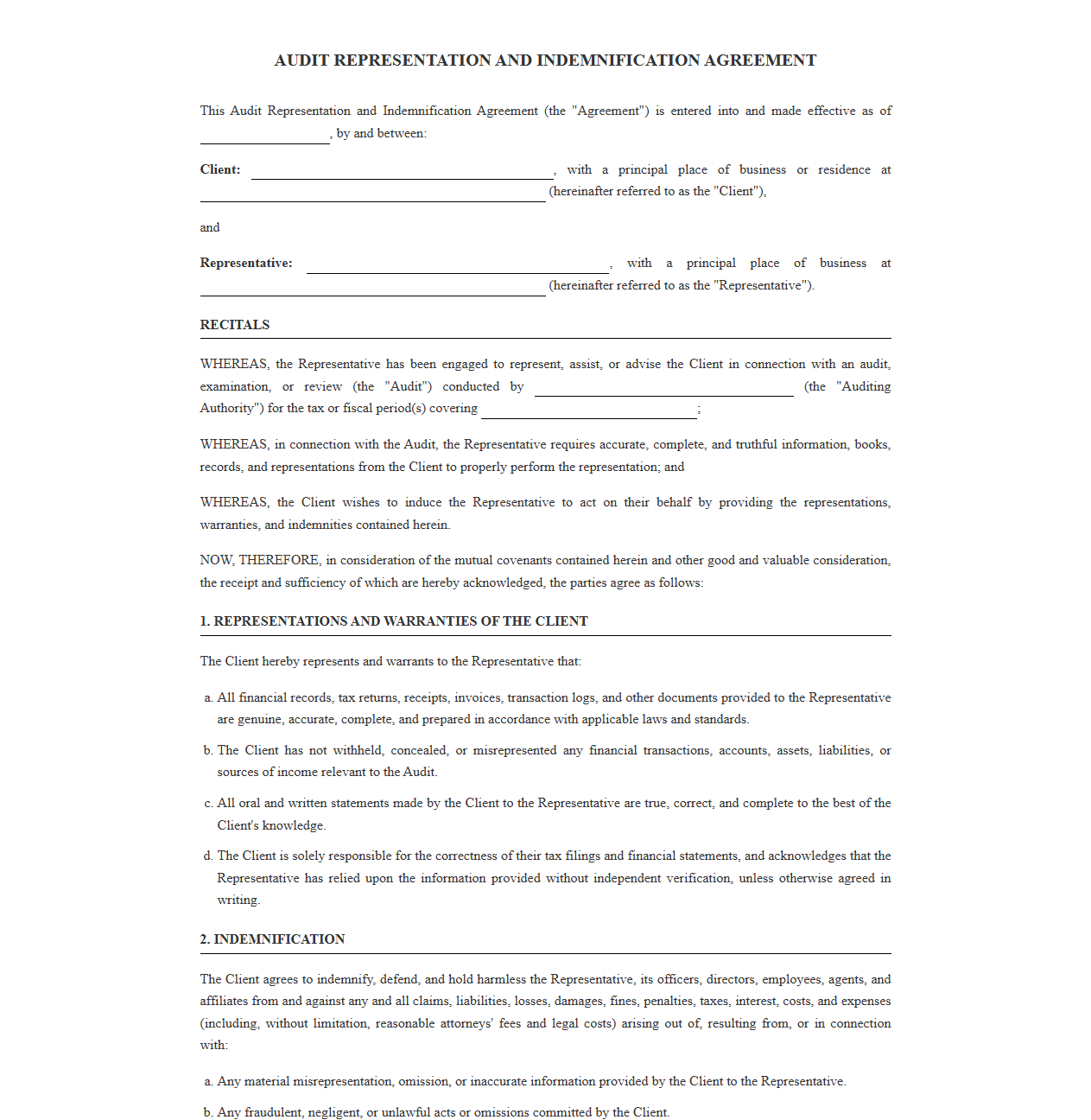 Audit Representation and Indemnification Agreement