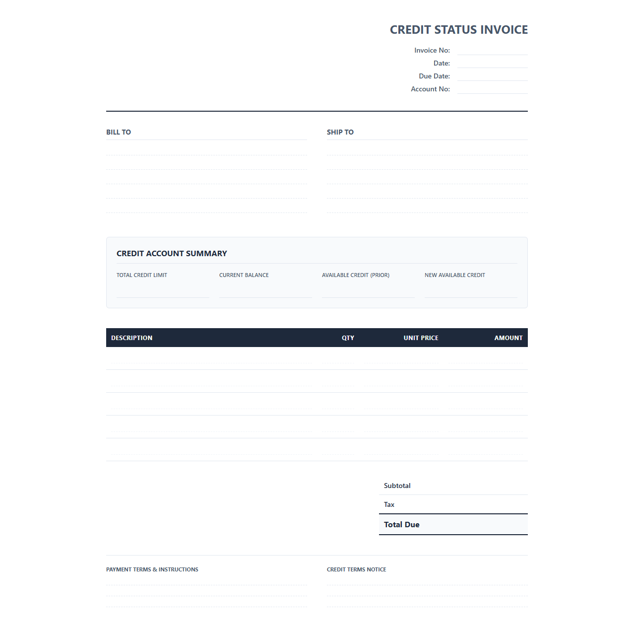 B2B Credit Limit Status Invoice