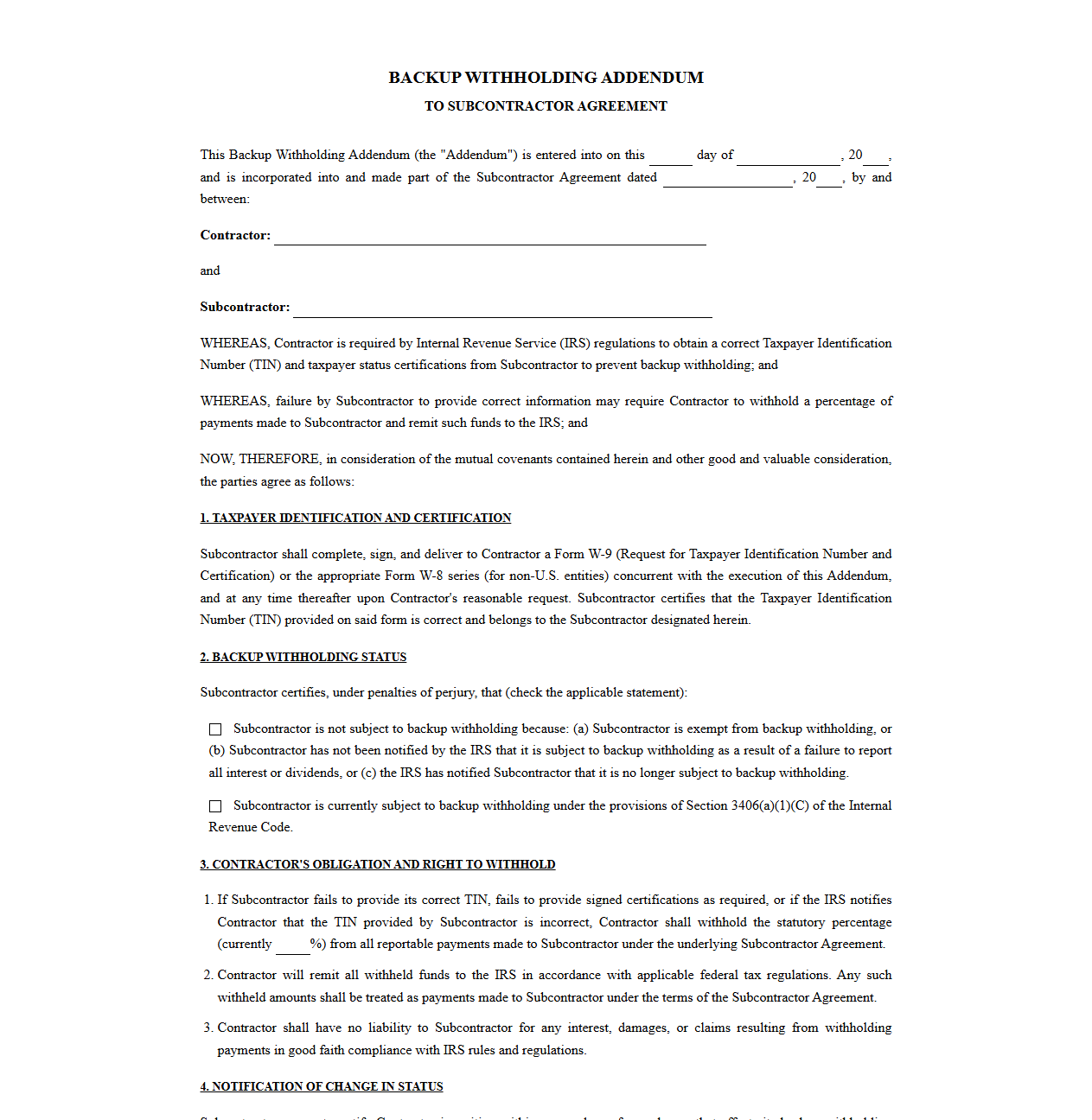Backup Withholding Addendum for Subcontractor Agreements