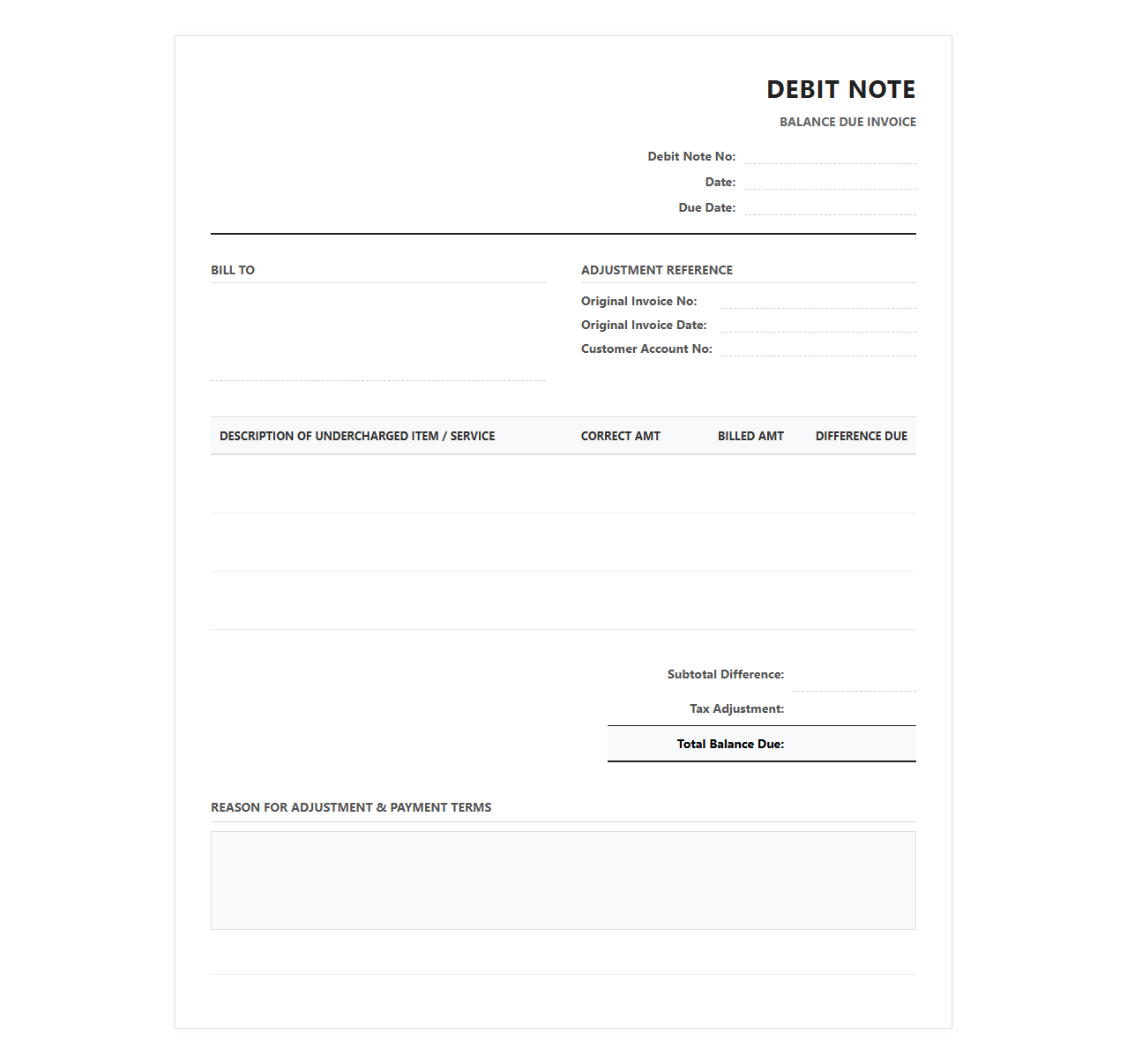 Balance Due Invoice for Underbilled Amount