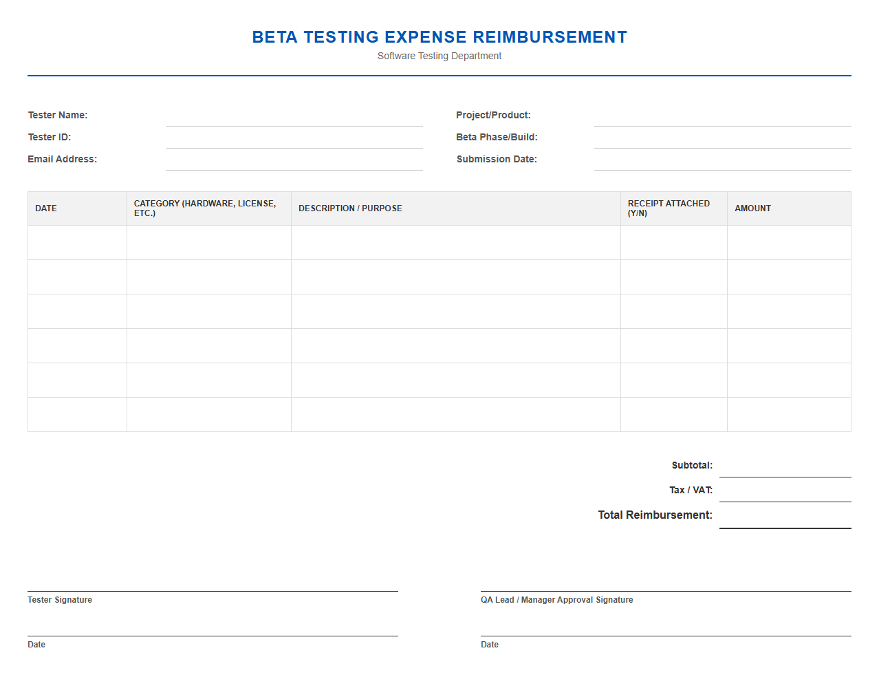 Beta Testing Expense Reimbursement Template