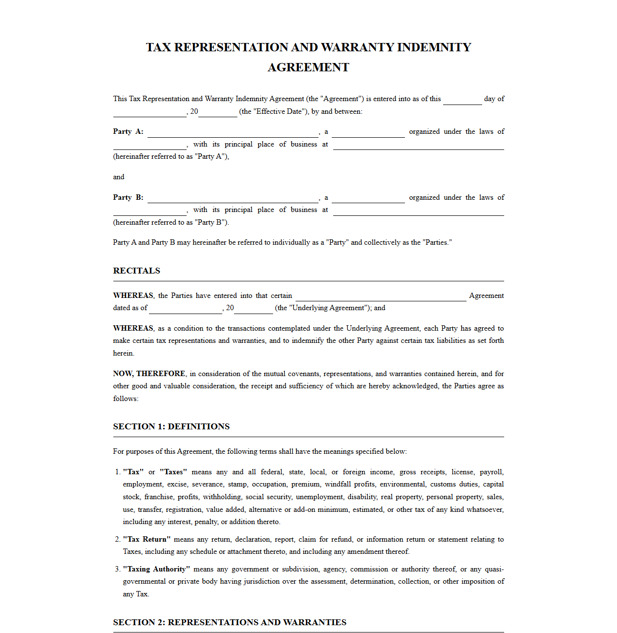 Bilateral Tax Representation and Warranty Indemnification Contract