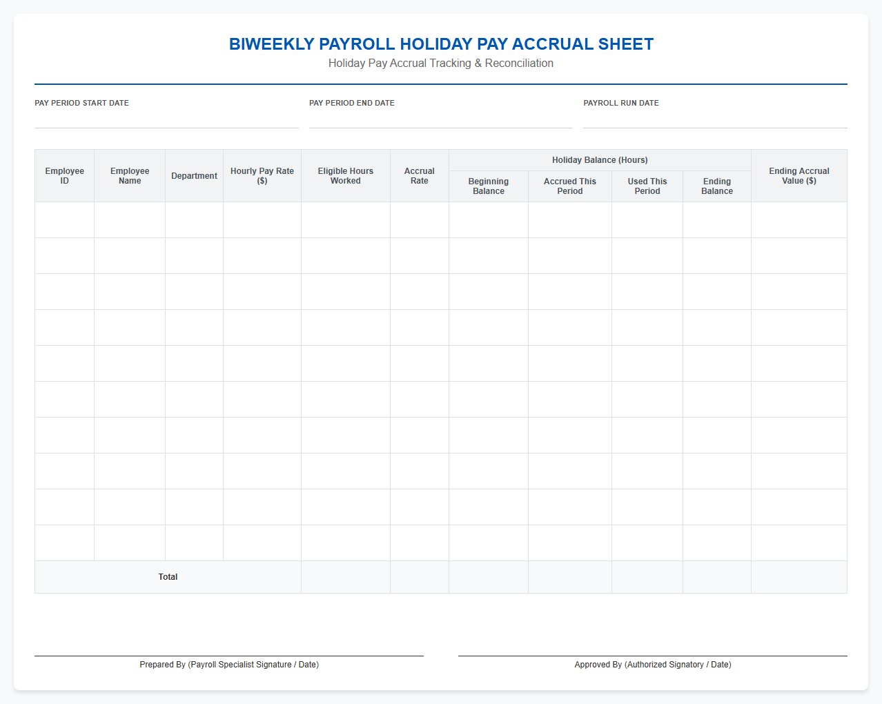 Biweekly Payroll Holiday Pay Accrual Sheet