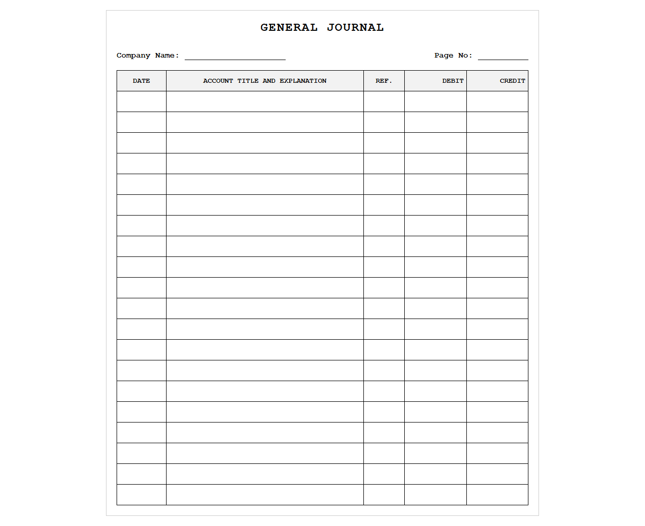 Bookkeeping General Journal Ledger Template