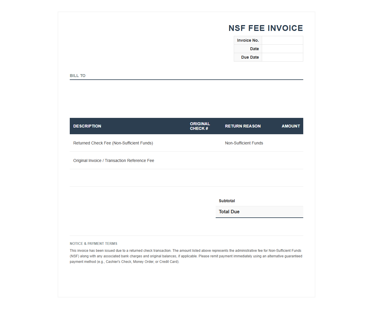 Bounced Check Fee Invoice Template