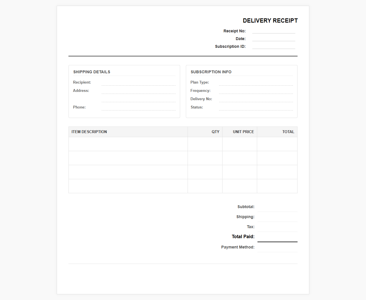 Box Subscription Delivery Receipt