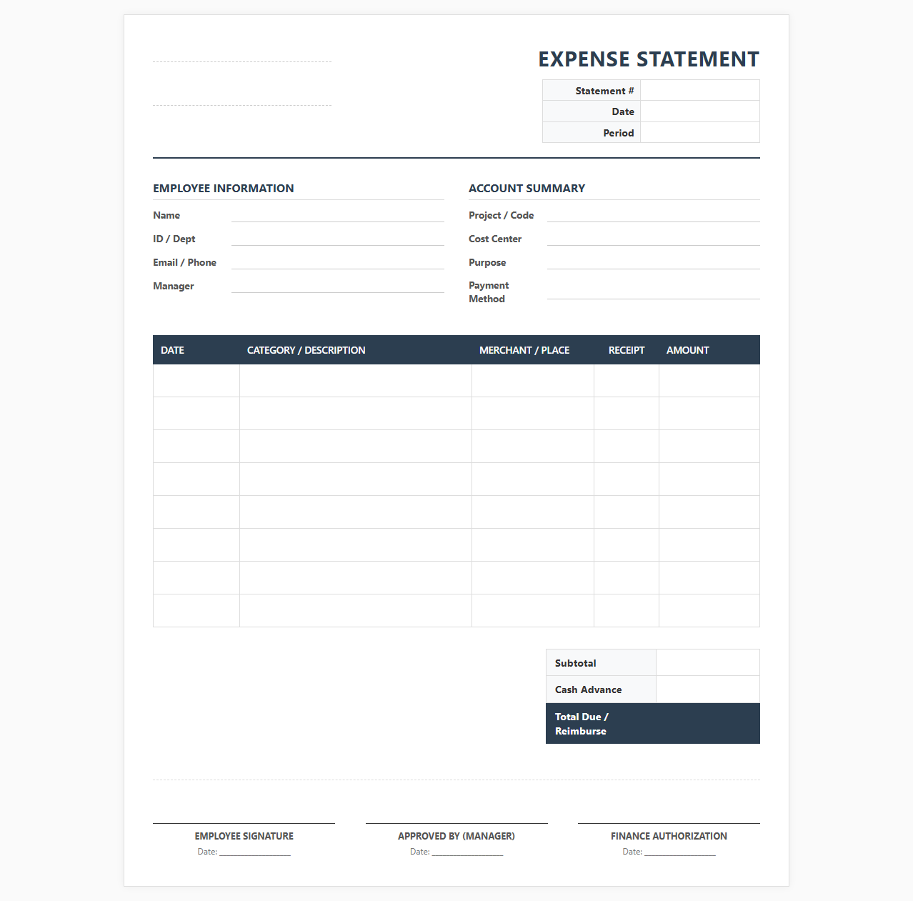 Business Expense Account Statement Template