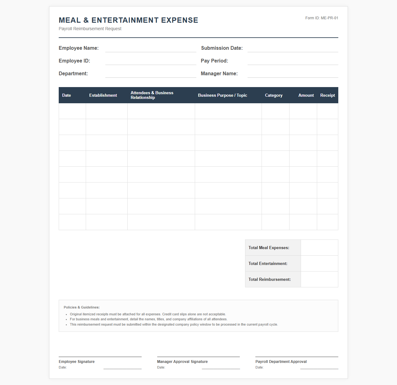 Business Meal and Entertainment Expense Template