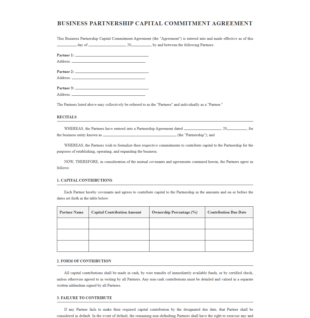 Business Partnership Capital Commitment Agreement