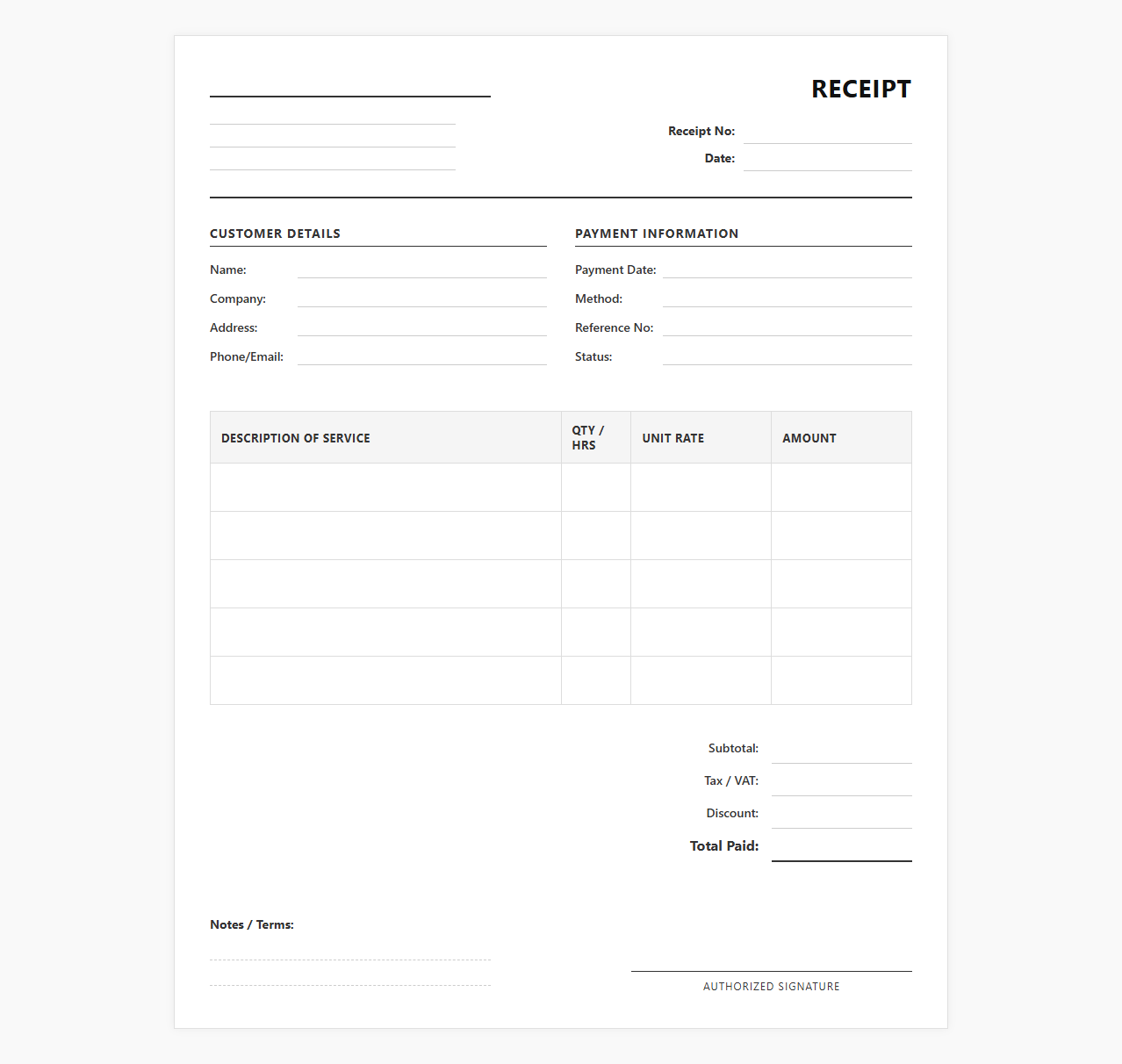 Business Service Fee Receipt Template
