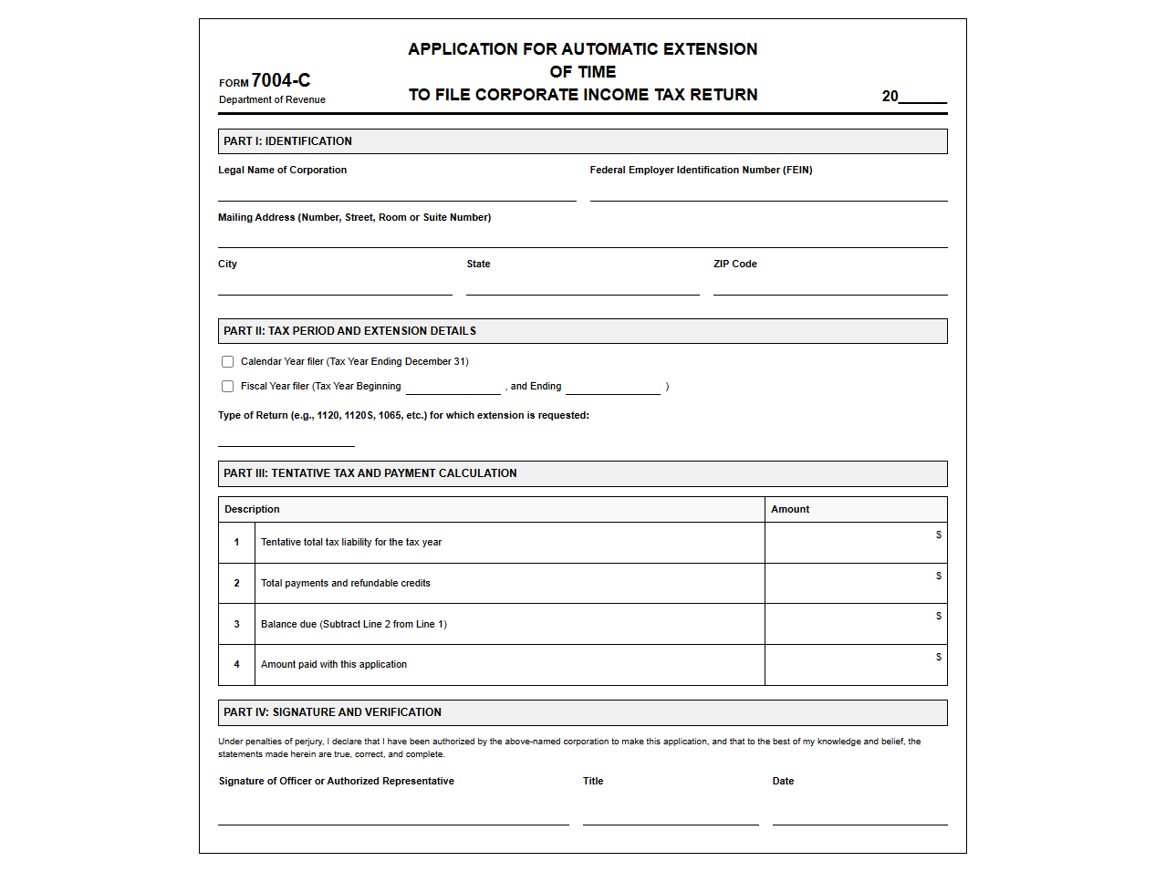 Business Tax Return Extension Application Form