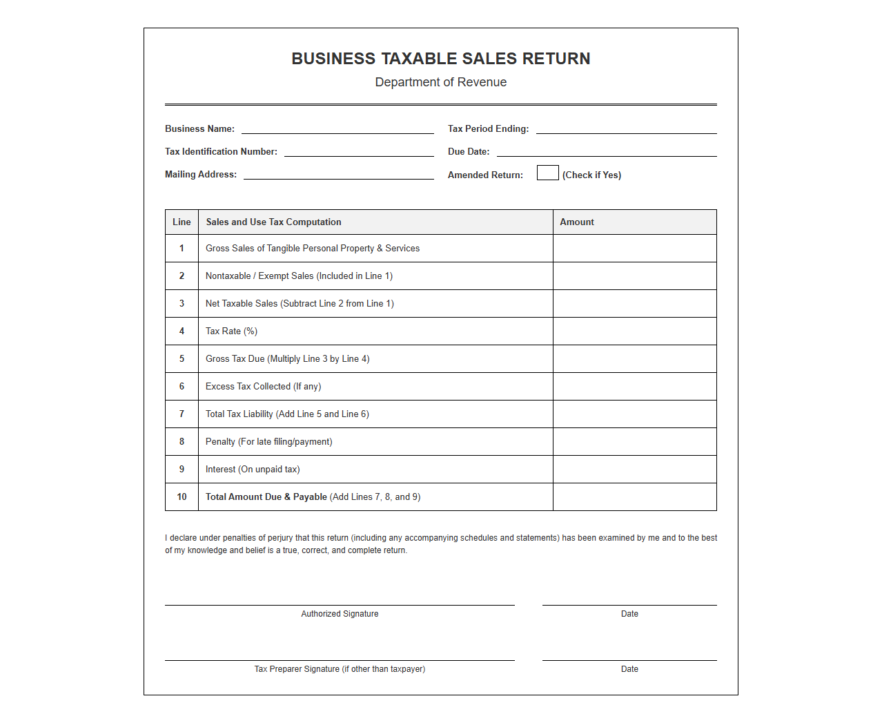 Business Taxable Sales Return Template