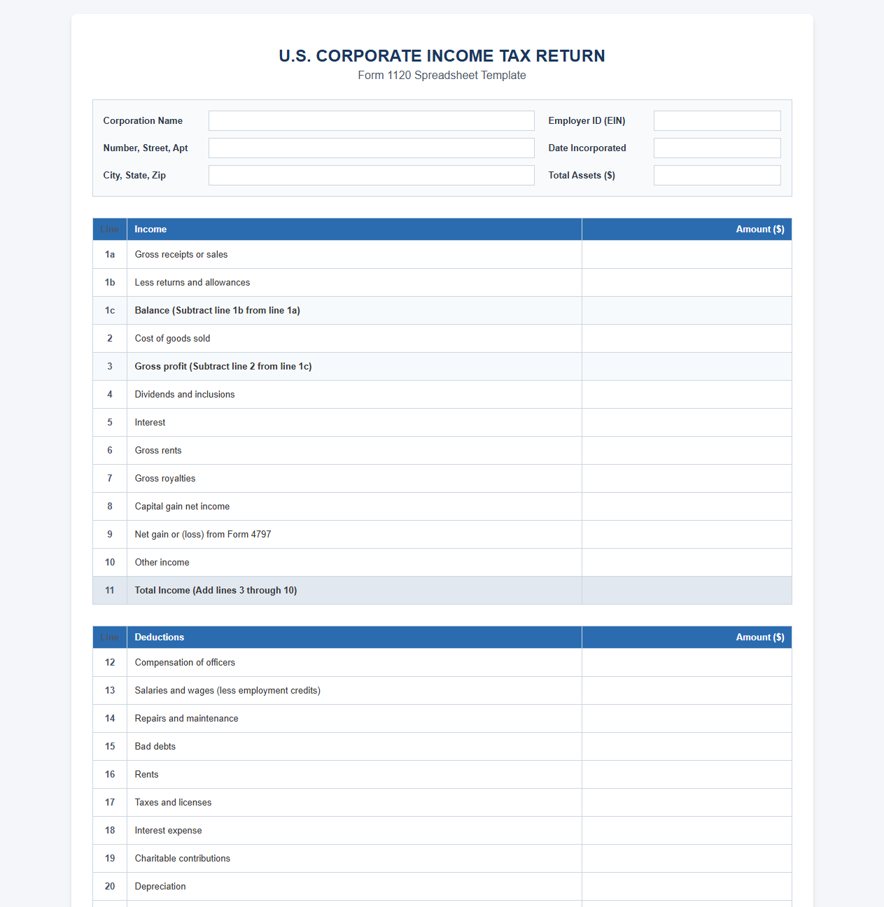 C Corp Federal Income Tax Return Spreadsheet