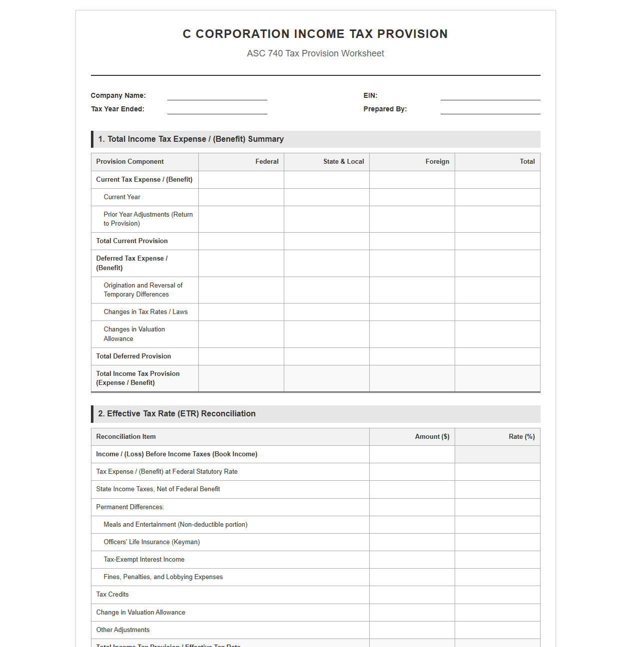 C Corporation Income Tax Provision Template