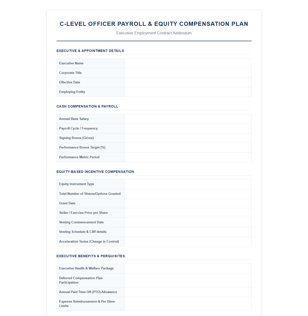 C-Level Officer Payroll and Equity Compensation Template