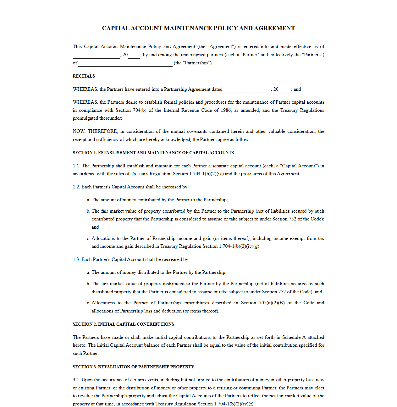 Capital Account Maintenance Policy and Agreement