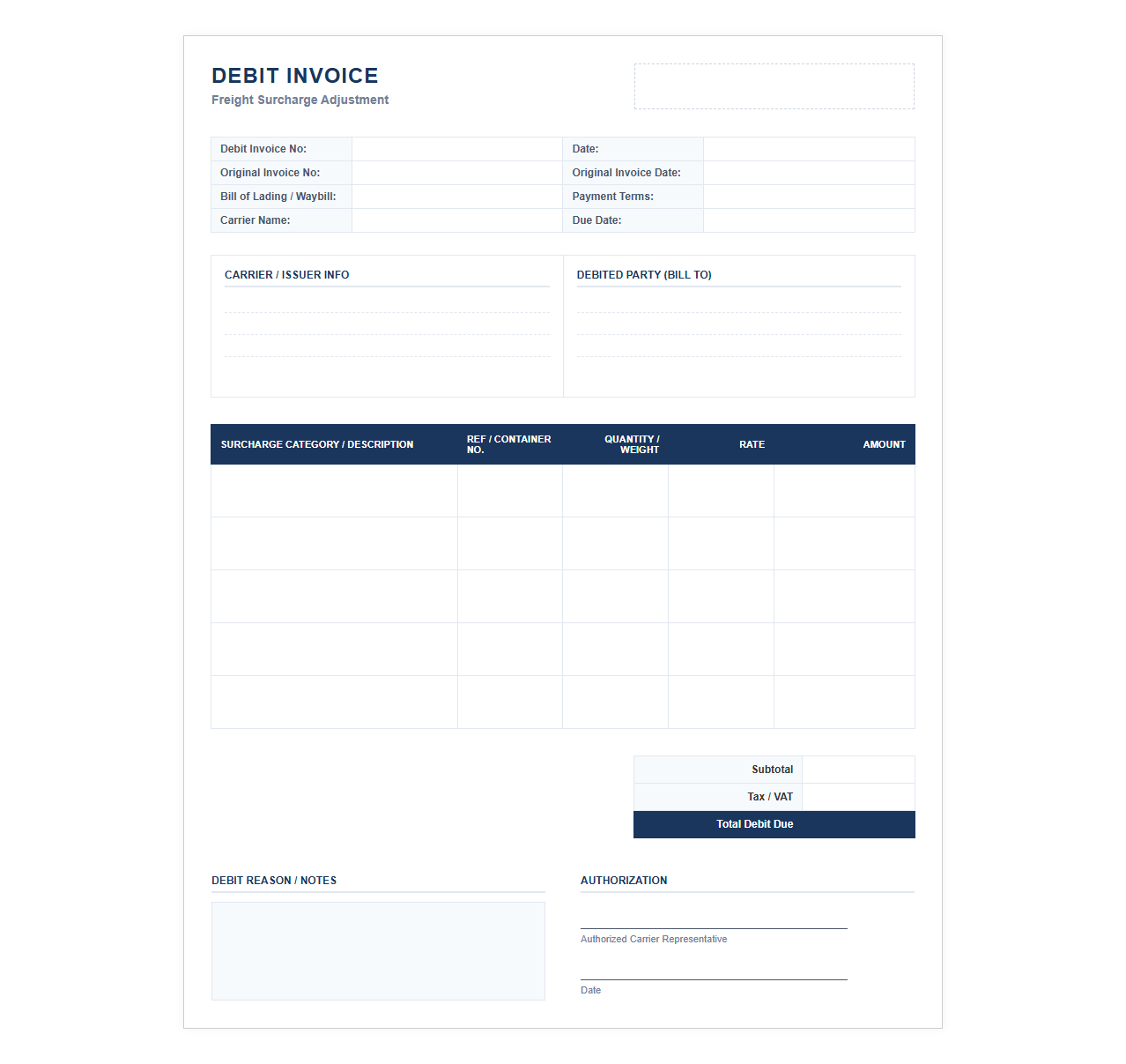 Carrier Freight Surcharge Debit Invoice Template