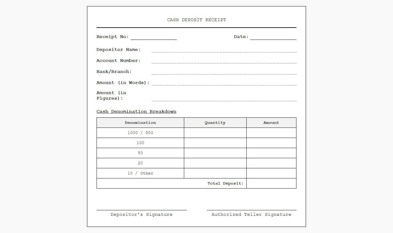Cash Deposit Transaction Receipt Template