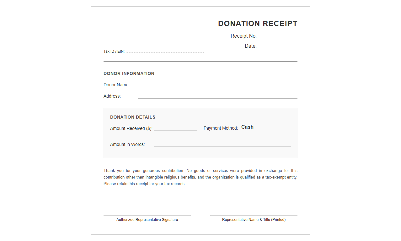 Cash Donation Receipt for Individual Patrons