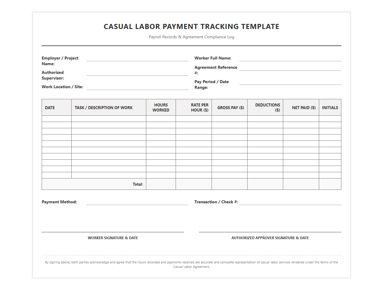 Casual Labor Payment Tracking Template