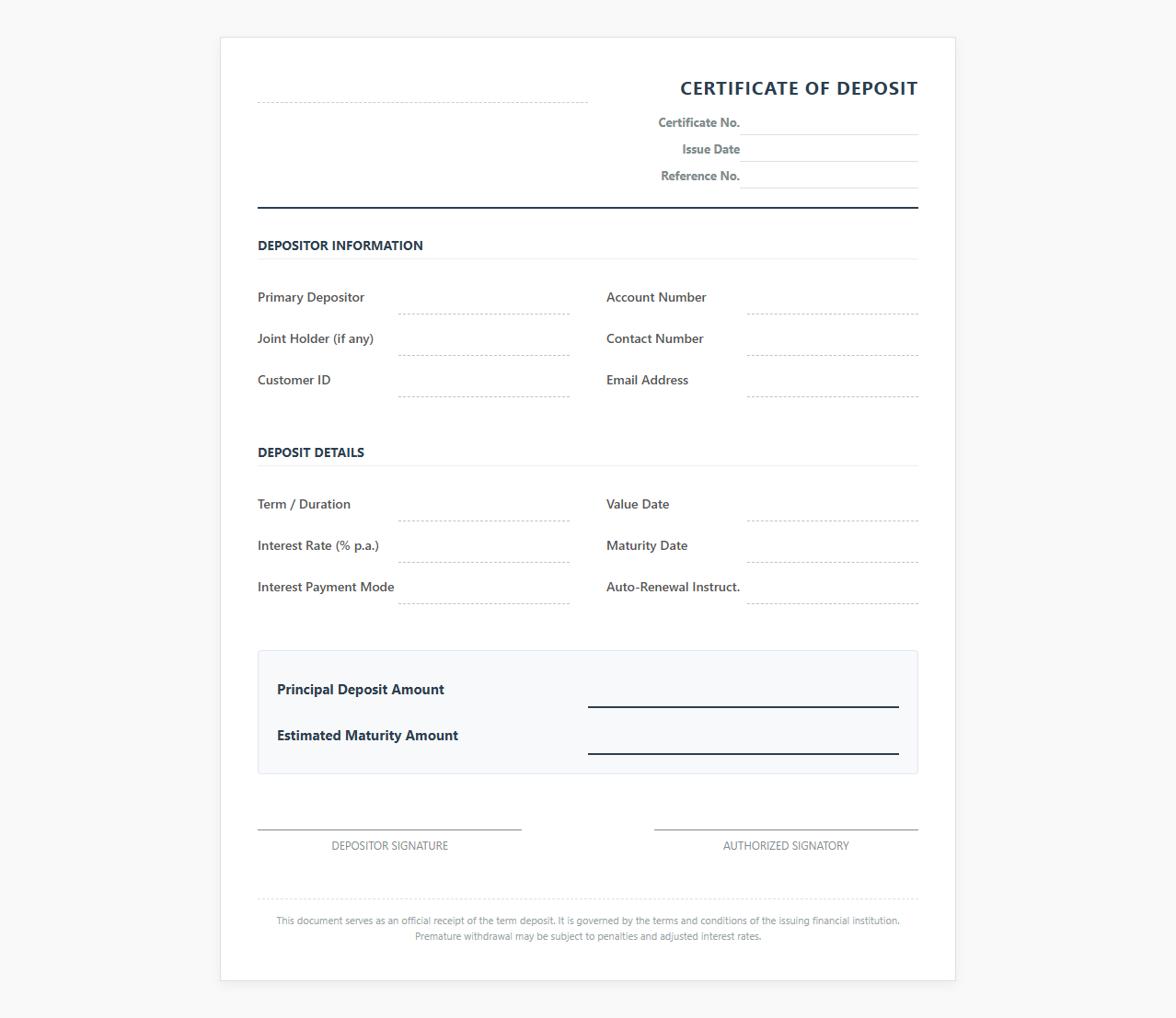 Certificate of Deposit Receipt Template