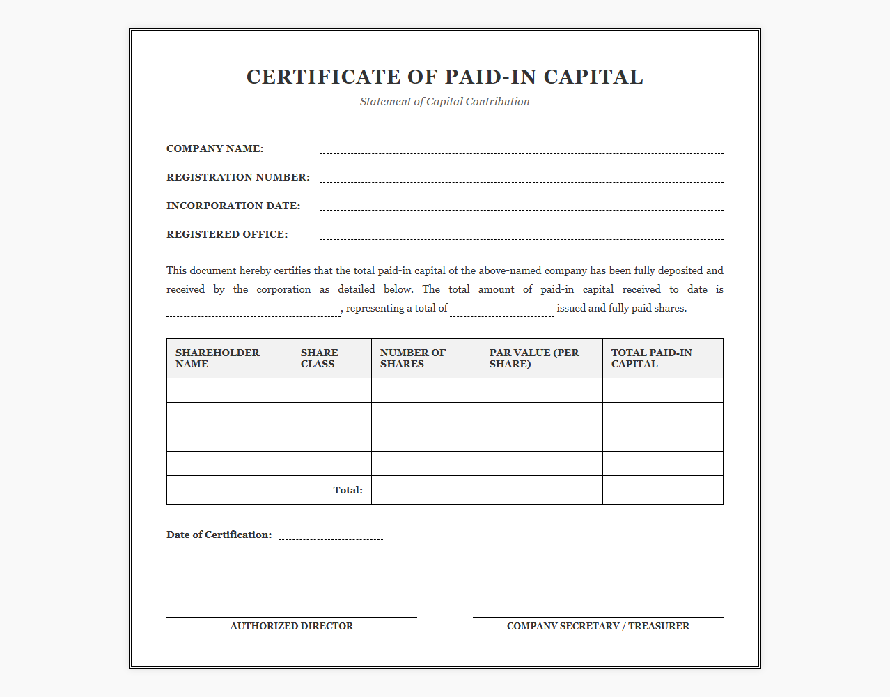 Certificate of Paid-In Capital Template
