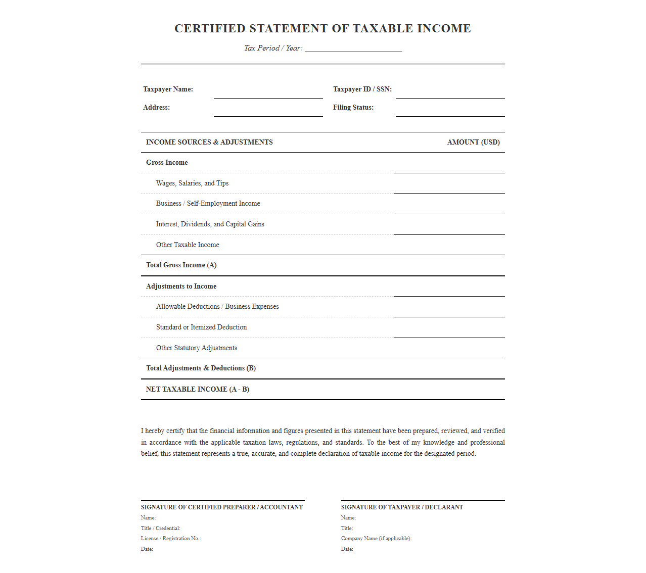 Certified Taxable Income Statement Sheet