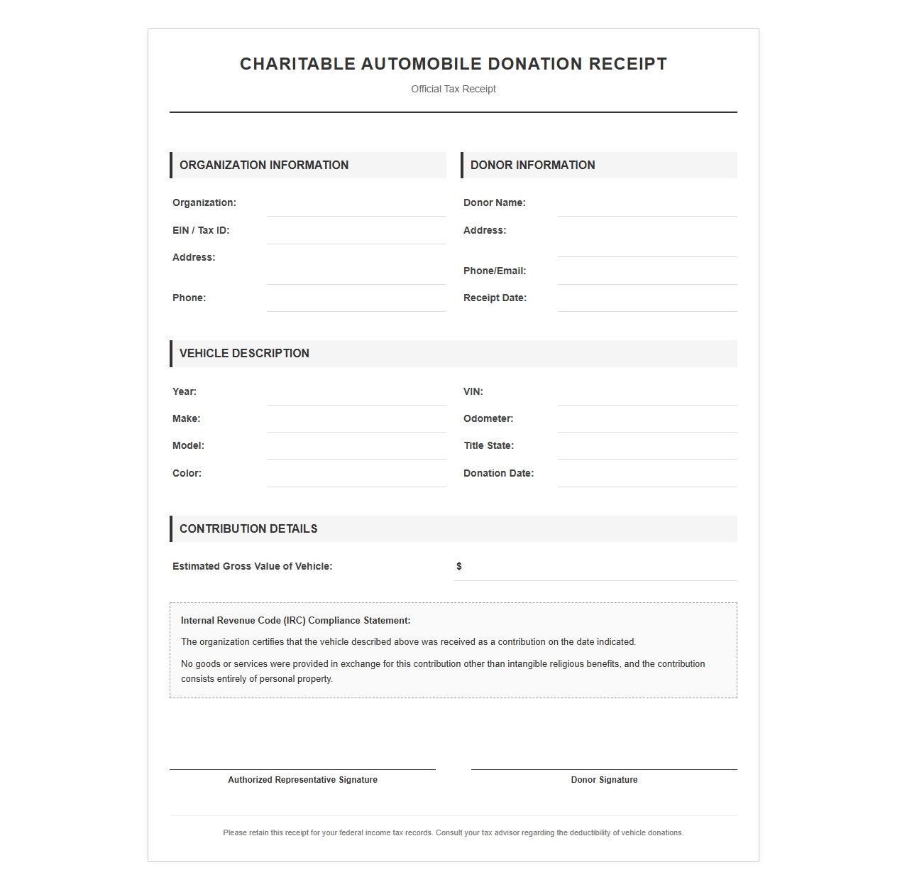 Charitable Automobile Donation Receipt Template