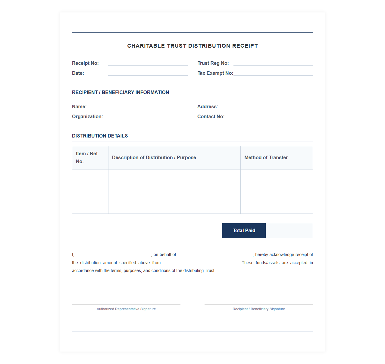 Charitable Trust Distribution Receipt Template