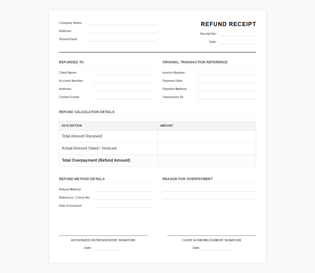 Client Overpayment Return Receipt Template