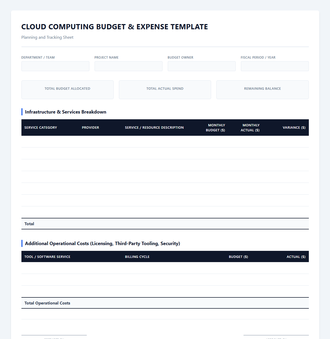 Cloud Computing Budget Planning and Tracking Template