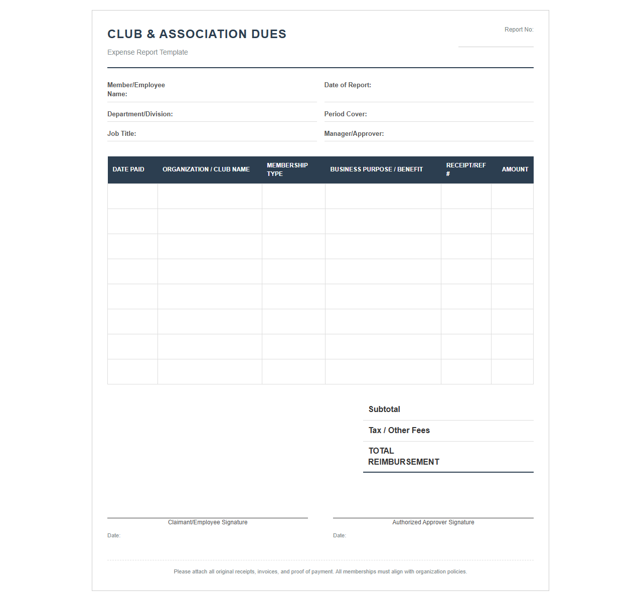 Club and Association Dues Expense Report Template