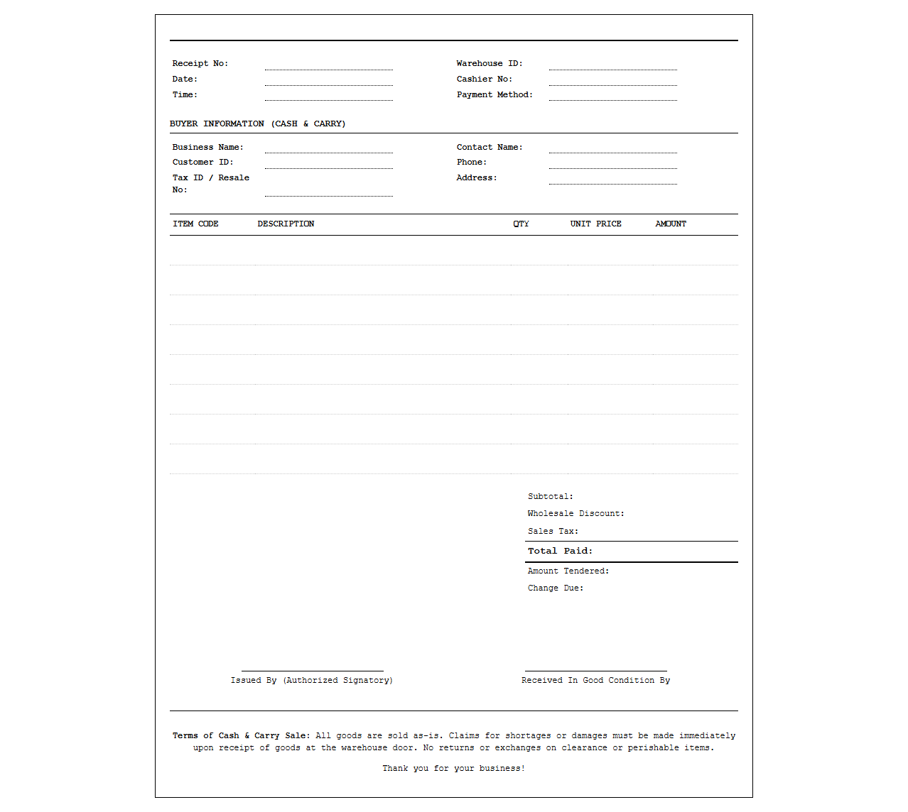 Commercial Distributor Cash and Carry Receipt