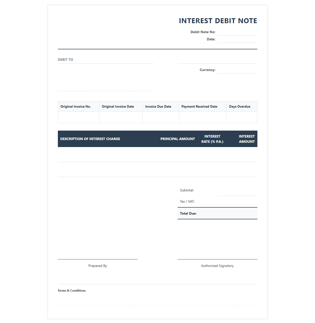 Commercial Interest Debit Note Template