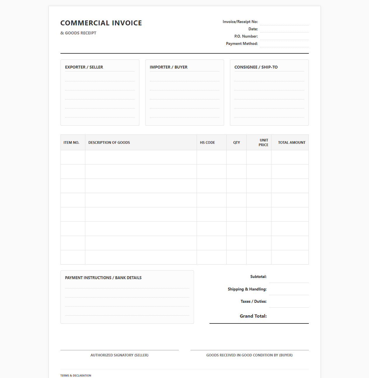 Commercial Invoice and Goods Receipt Template