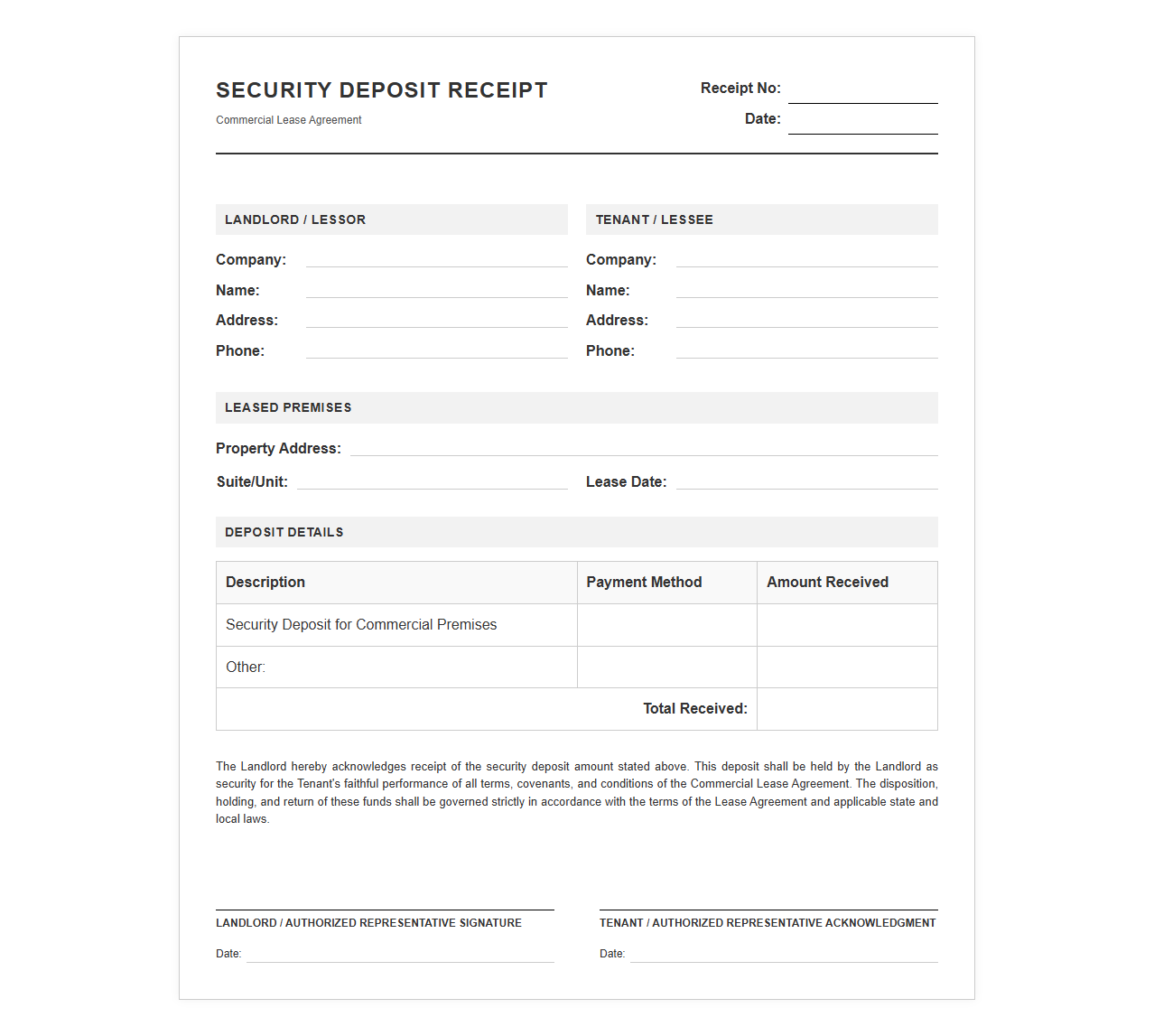 Commercial Lease Security Deposit Receipt Template