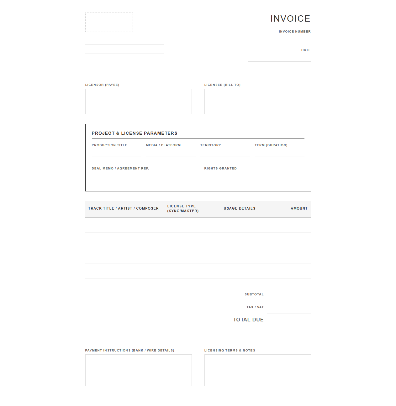 Commercial Music and Audio Licensing Invoice