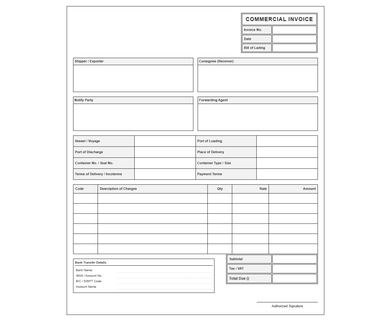 Commercial Ocean Freight Shipping Invoice Template
