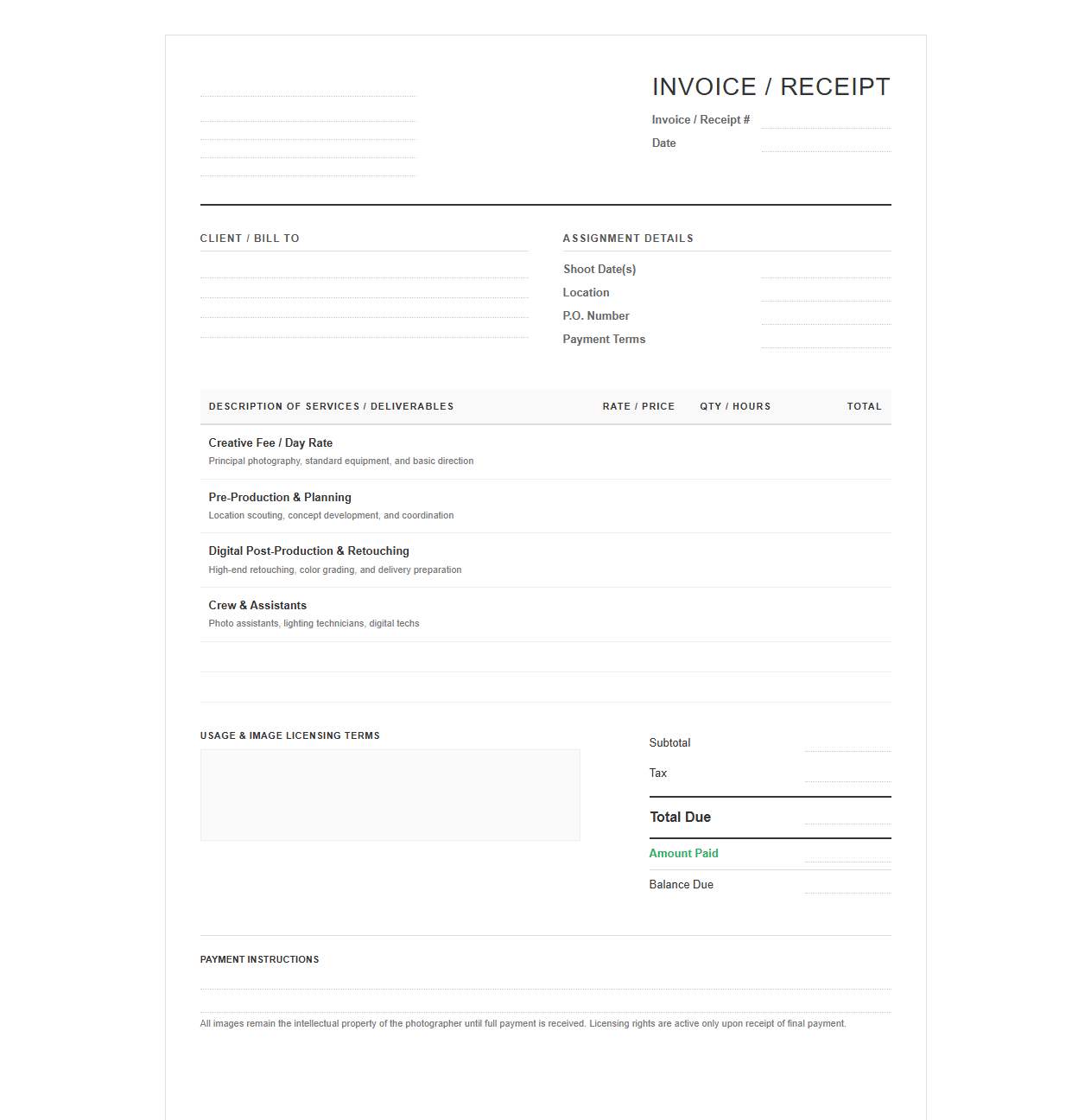 Commercial Photography Invoice and Receipt