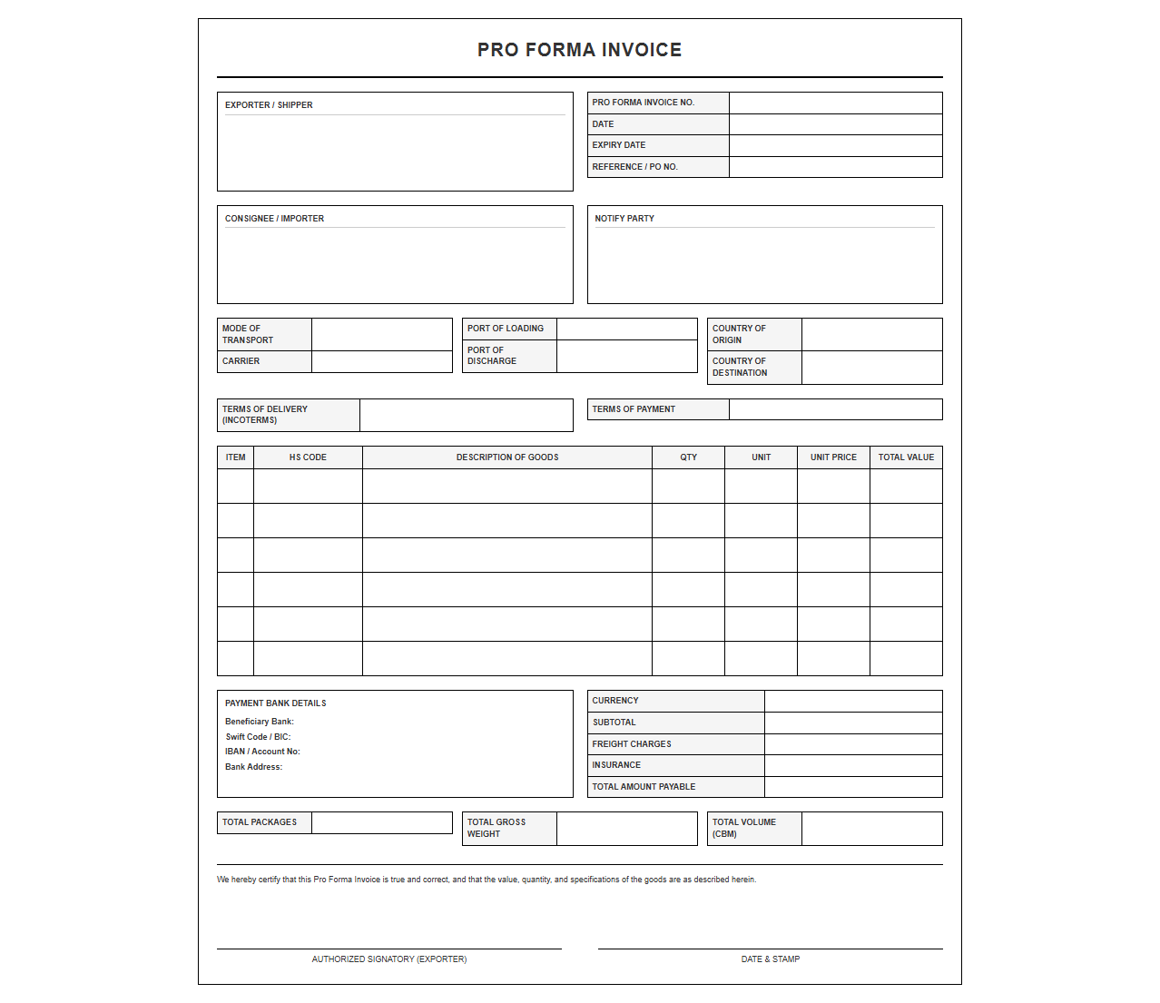 Commercial Pro Forma Invoice for Import Export