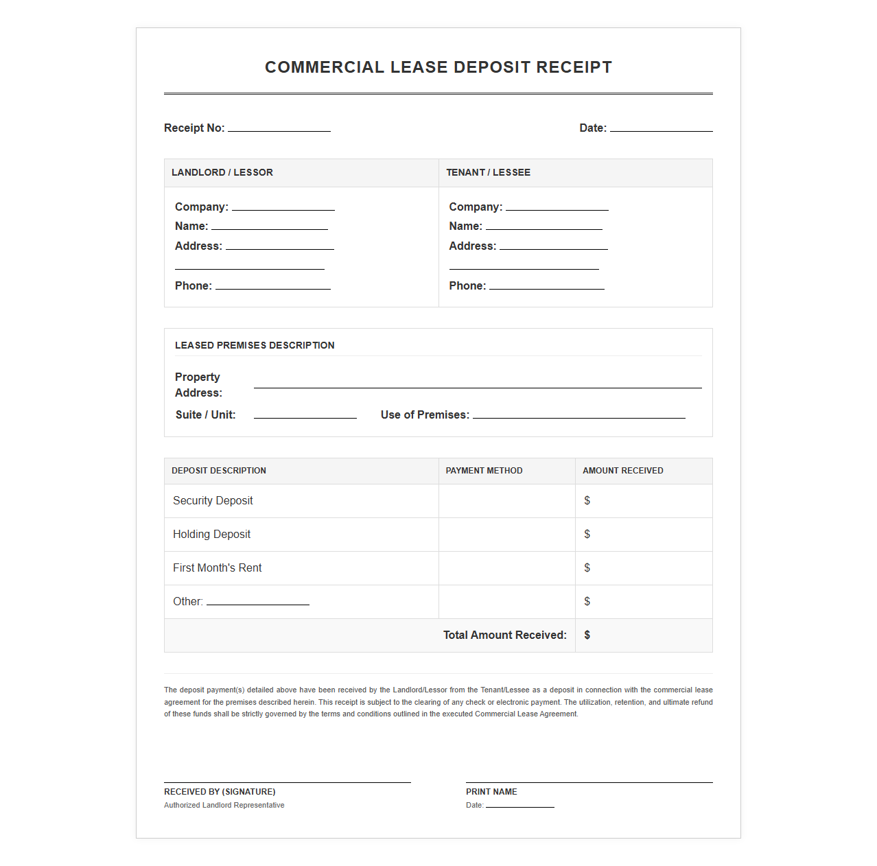 Commercial Real Estate Lease Deposit Receipt
