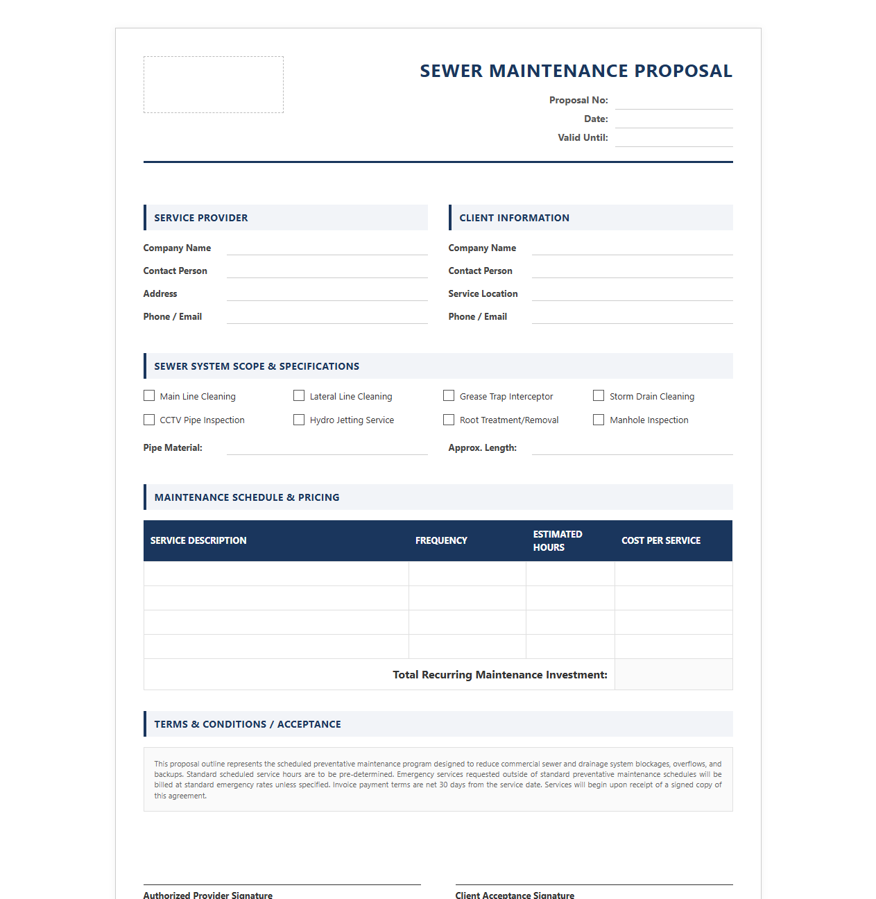 Commercial Sewer Maintenance Proposal Form