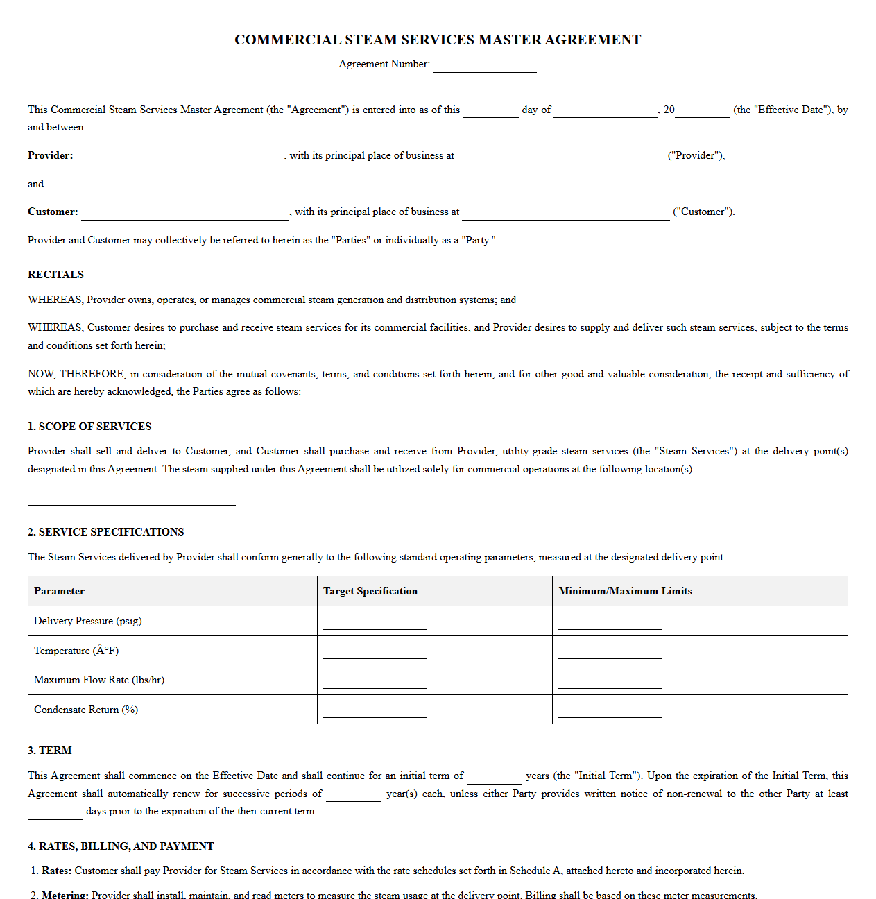 Commercial Steam Services Master Agreement