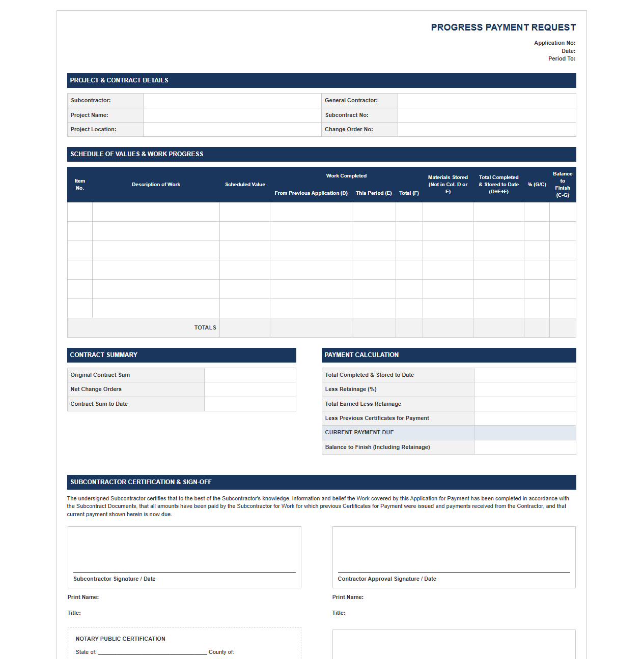 Commercial Subcontractor Progress Payment Invoice Template