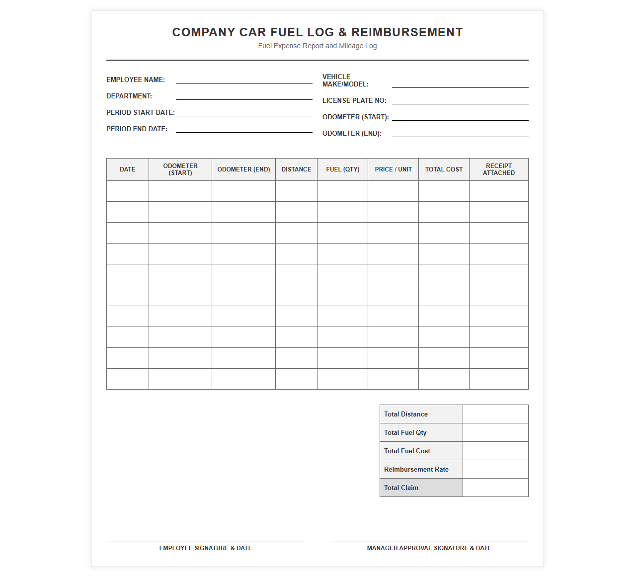 Company Car Fuel Log and Reimbursement Template