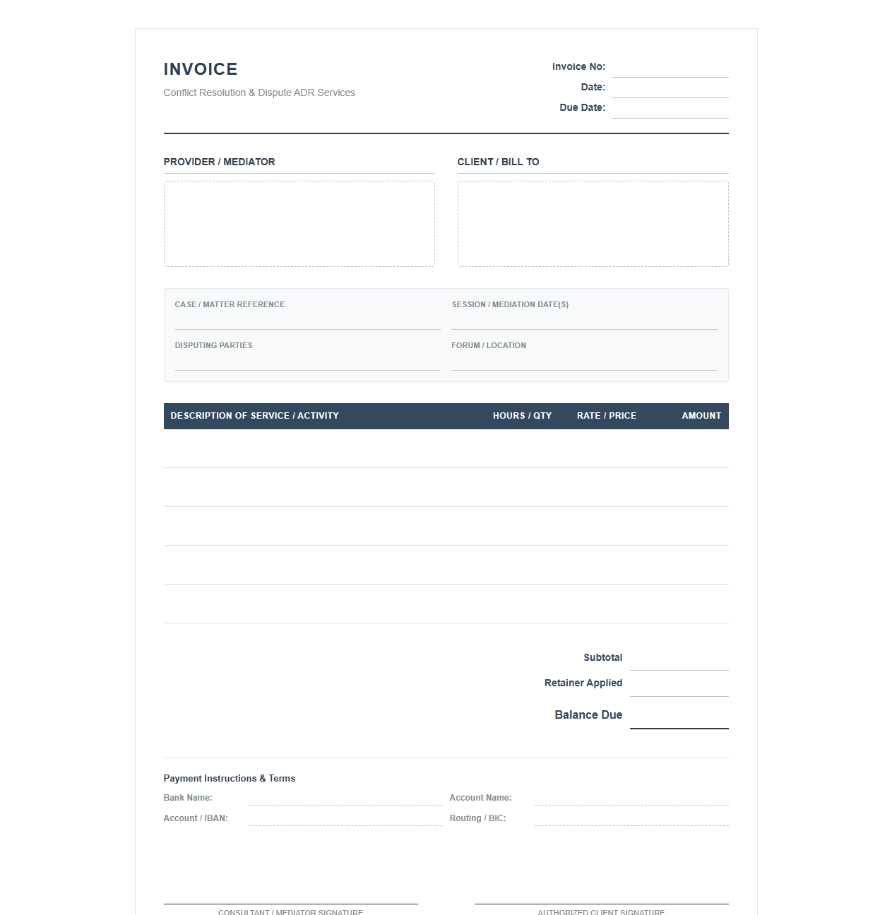 Conflict Resolution Consultant Invoice Template