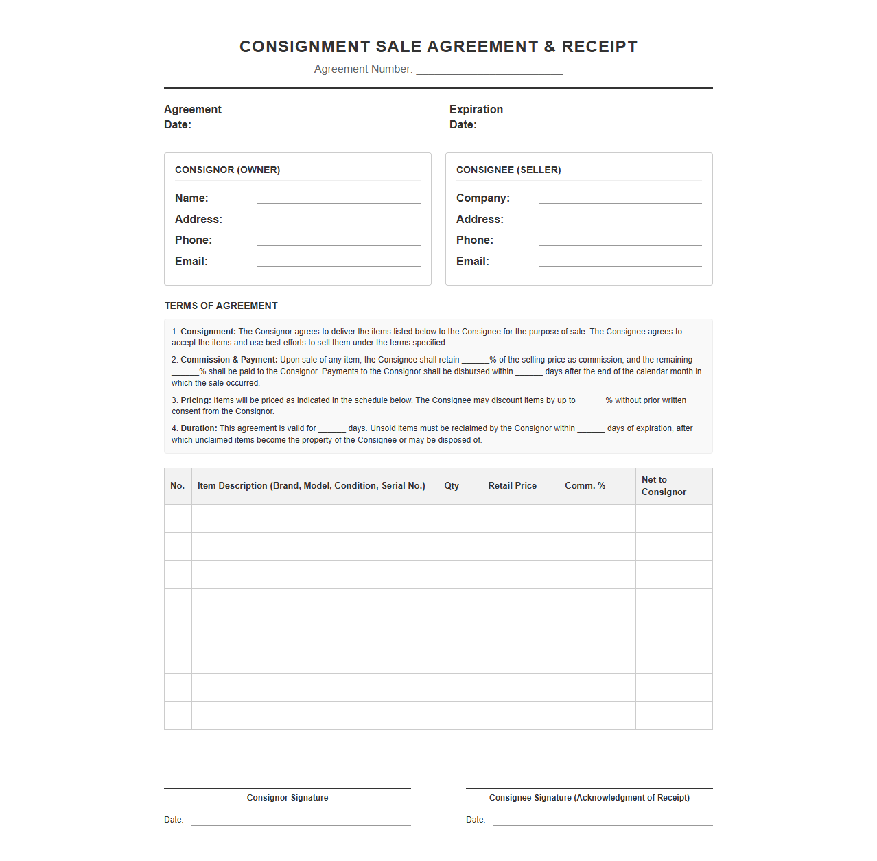 Consignment Sale Agreement and Receipt Template