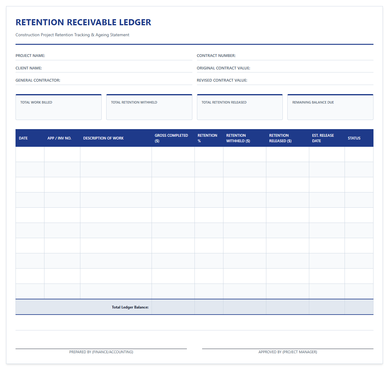 Construction Retention Receivable Ledger Template